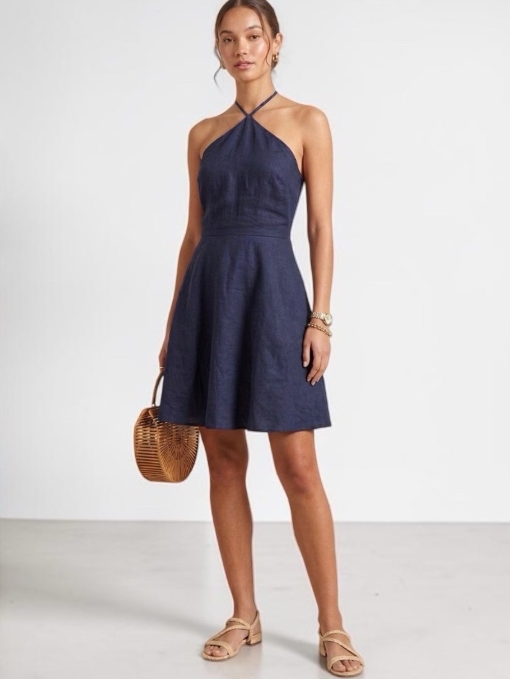 Lucy Paris 100% Linen Navy Halter Neck Fit and Flare Dress Smocked Back Size M